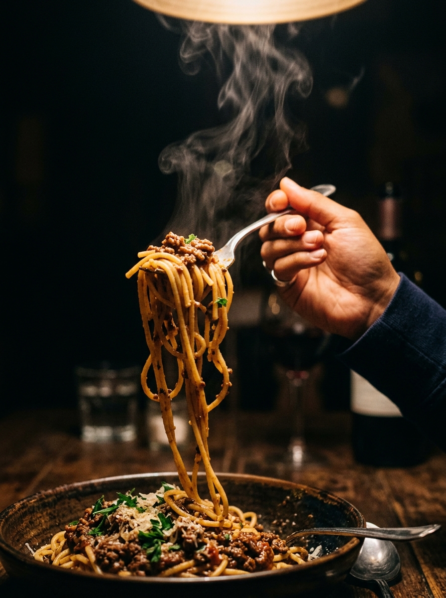 Dramatisch hochgehobene Spaghetti mit aufsteigendem Dampf