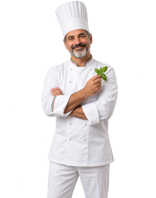 Chef Giuseppe Salvatore in weißer Kochjacke mit frischem Basilikum