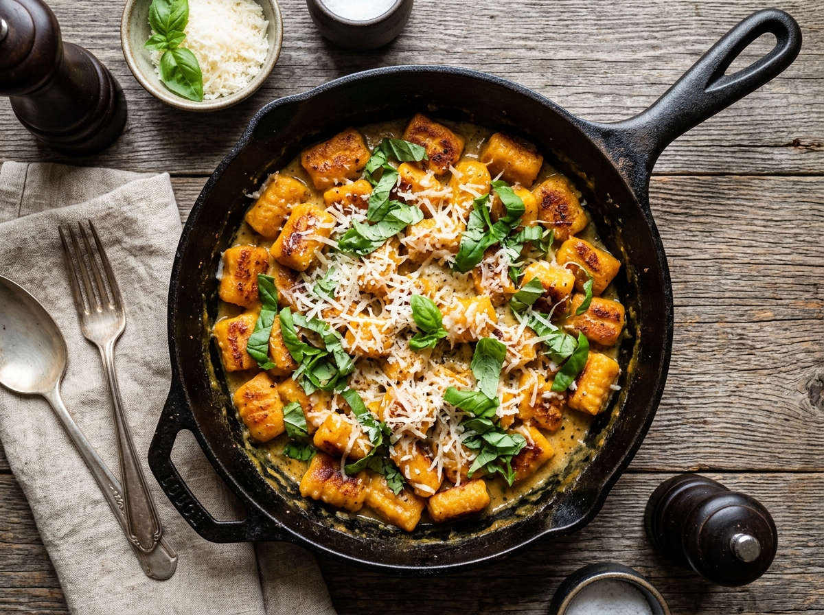 Kürbis-Gnocchi in der Pfanne mit Basilikum