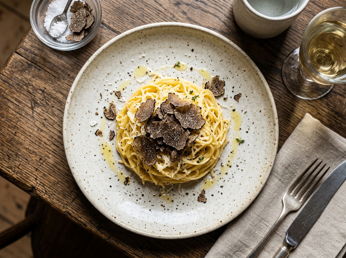 Tagliolini mit schwarzem Trüffel von oben