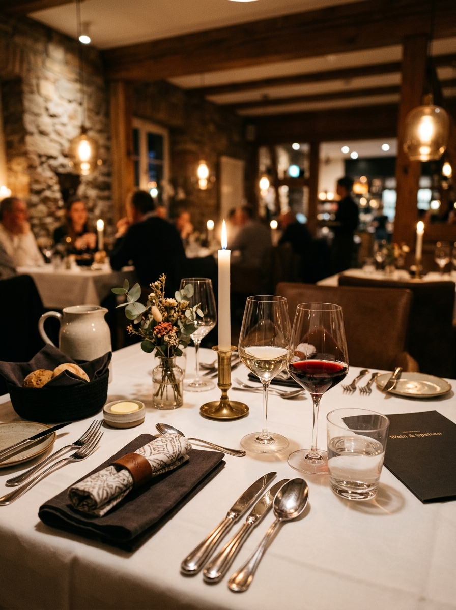 Gedeckter Tisch mit Kerzen und Weingläsern