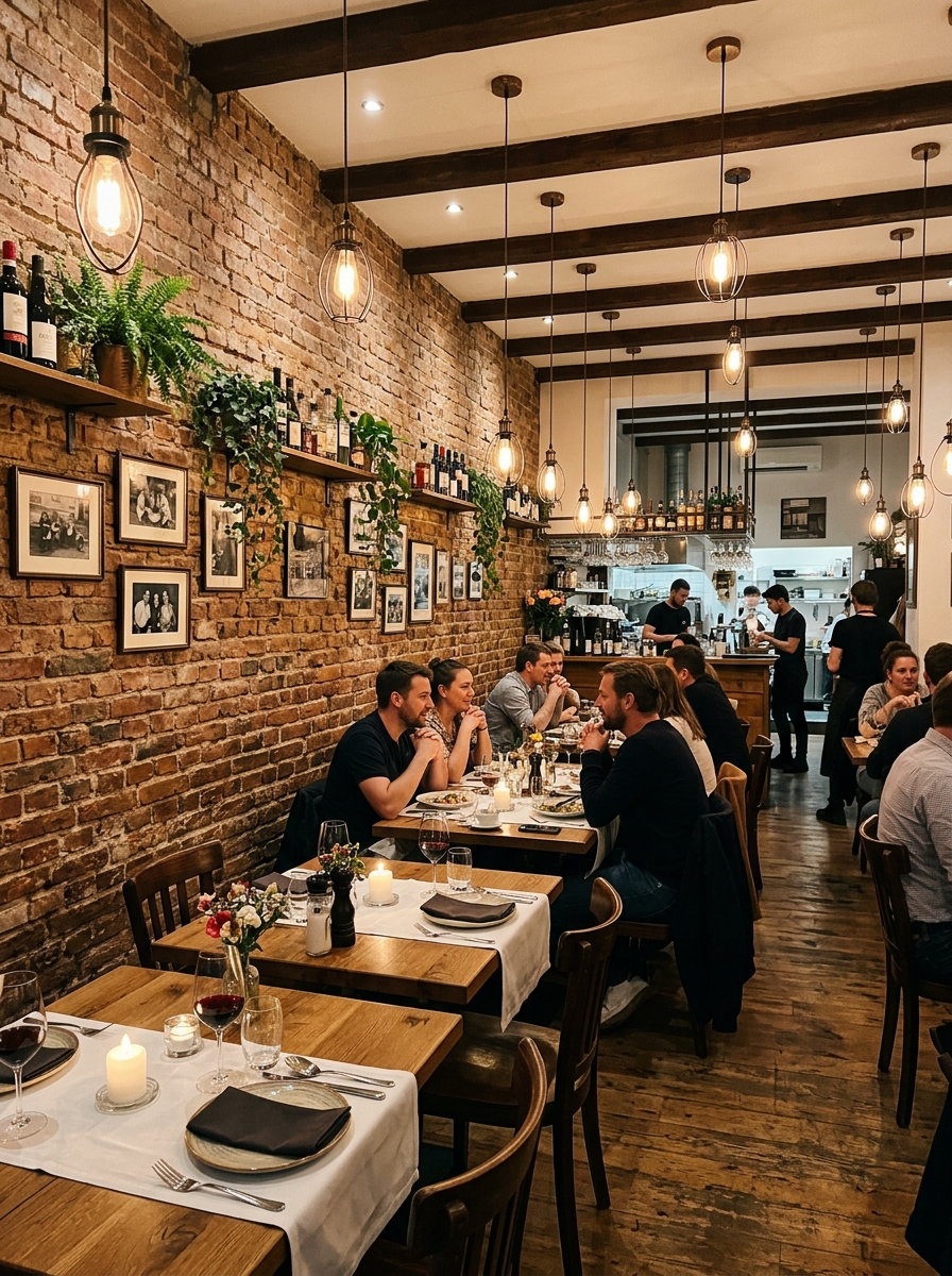 Restaurant-Innenraum mit Backsteinwänden und Hängeleuchten