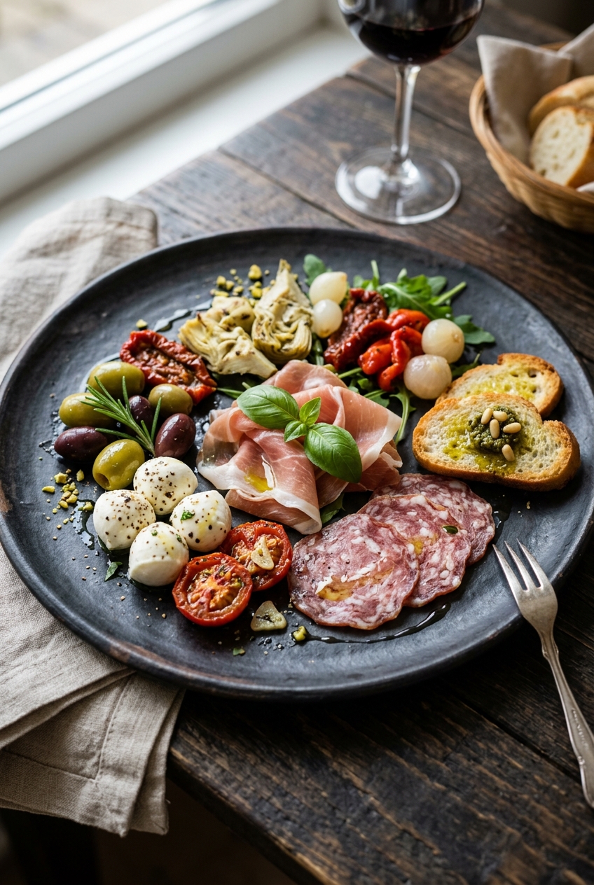 Antipasti-Vorspeise auf dunklem Teller