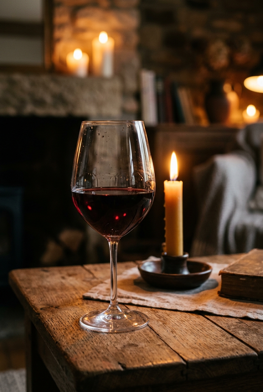 Glas Rotwein im Kerzenlicht