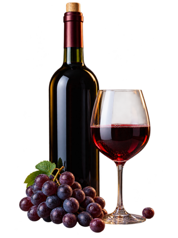 Flasche Rotwein mit Glas und roten Trauben